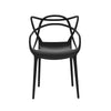 A black, stackable outdoor dining chair with curved design and a smooth finish, facing forwards and set on a white background.