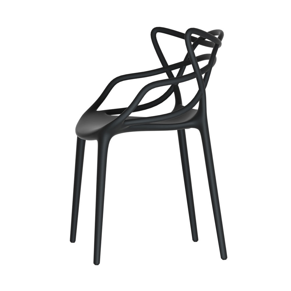 Side view of a black, stackable outdoor dining chair with curved design and a smooth finish and set on a white background.