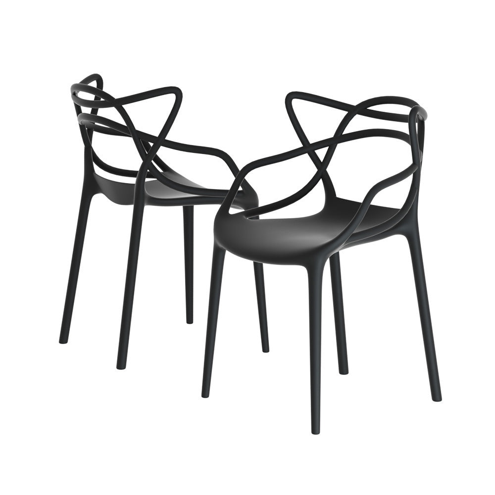 Two black, stackable outdoor dining chairs with curved designs and a smooth finish, one is facing forwards and one backwards to show their curved backrest design and set on a white background.