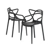 Two black, stackable outdoor dining chairs with curved designs and a smooth finish, one is facing forwards and one backwards to show their curved backrest design and set on a white background.