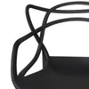 Close up image of a black, stackable outdoor dining chair zooming in on its curved design and a smooth finish on a white background.
