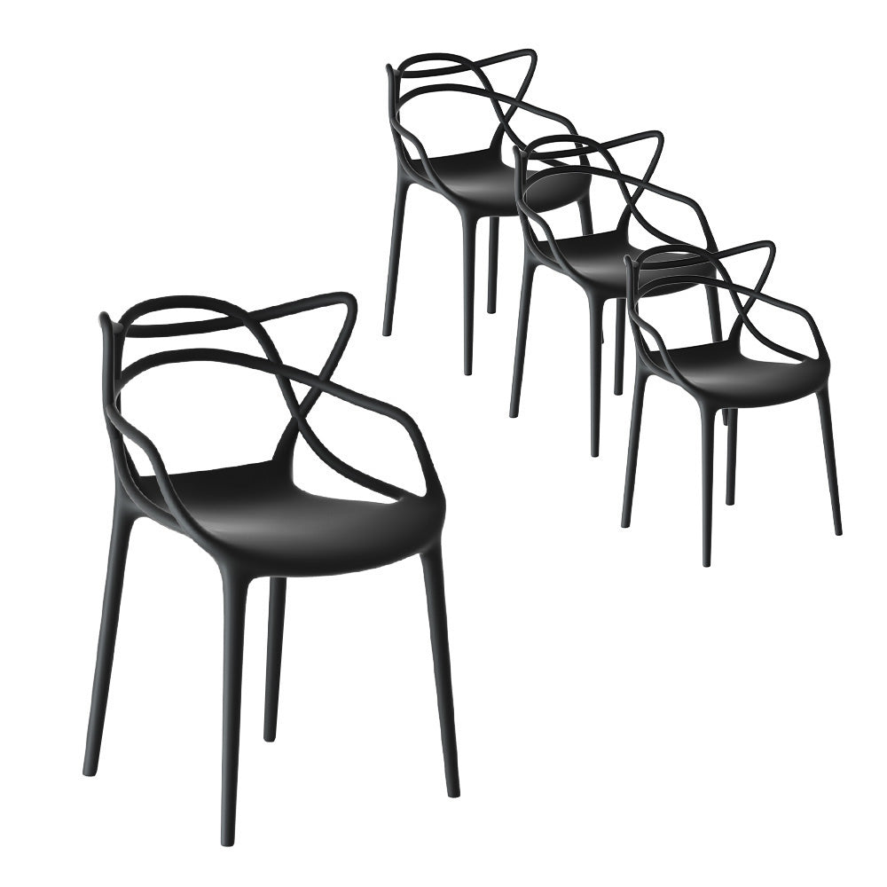 A set of four black, stackable outdoor dining chairs with a curved design and a smooth finish, set on a white background.