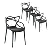 A set of four black, stackable outdoor dining chairs with a curved design and a smooth finish, set on a white background.