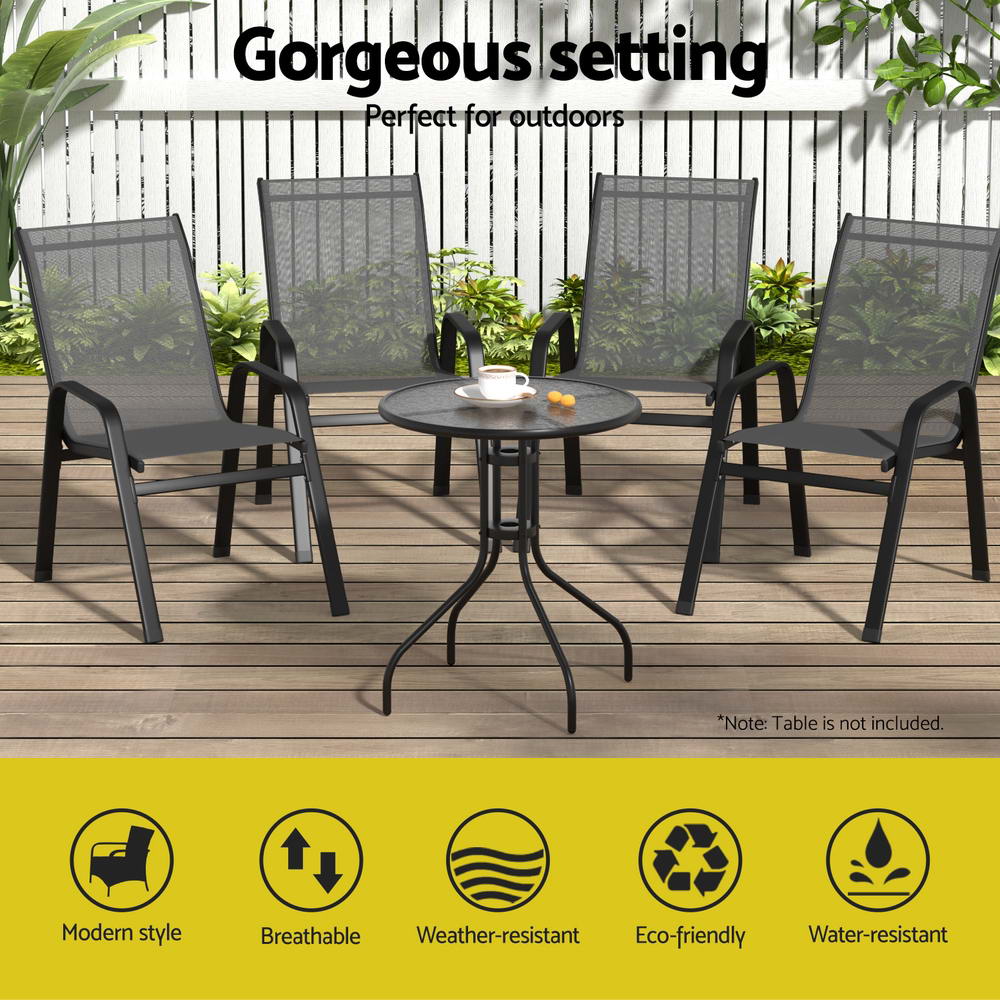 Outdoor furniture set with chairs and a table on a wooden deck, featuring text and icons about product features.
