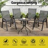 Outdoor furniture set with chairs and a table on a wooden deck, featuring text and icons about product features.