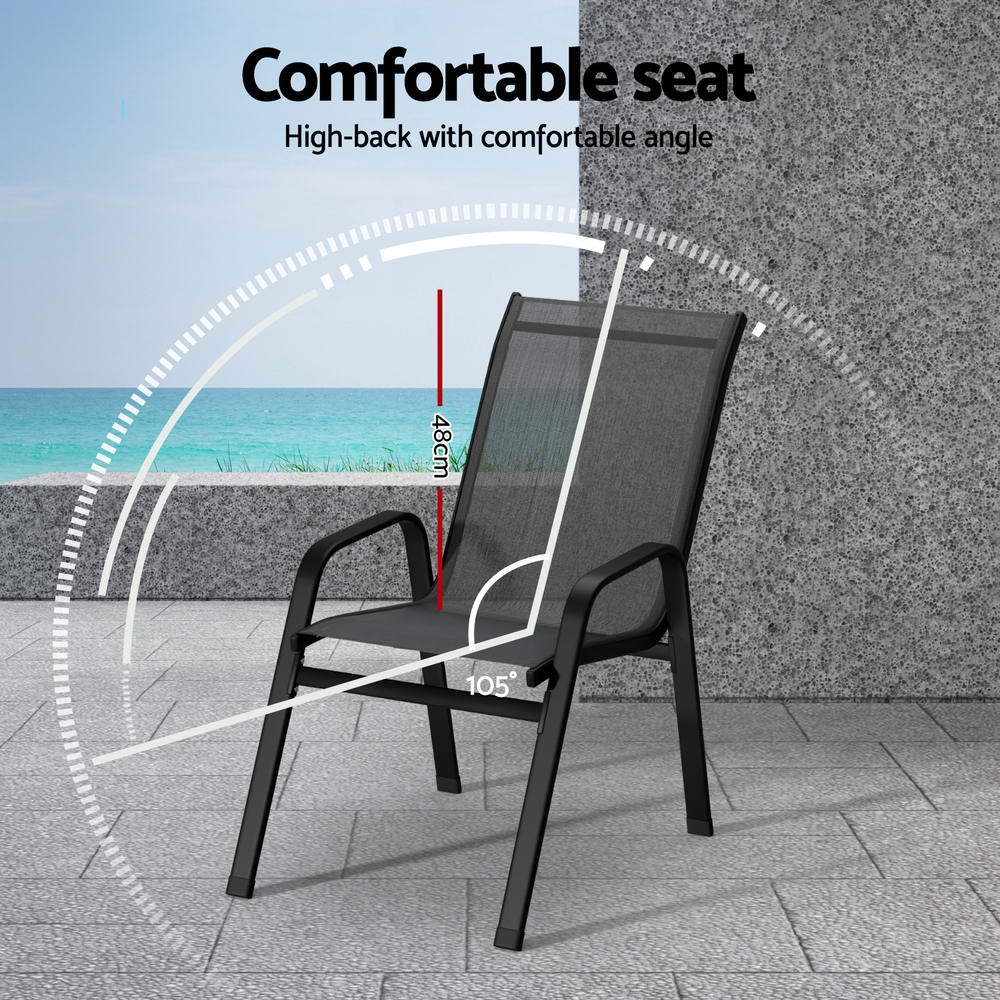 Black outdoor chair with comfort features highlighted on a patio background