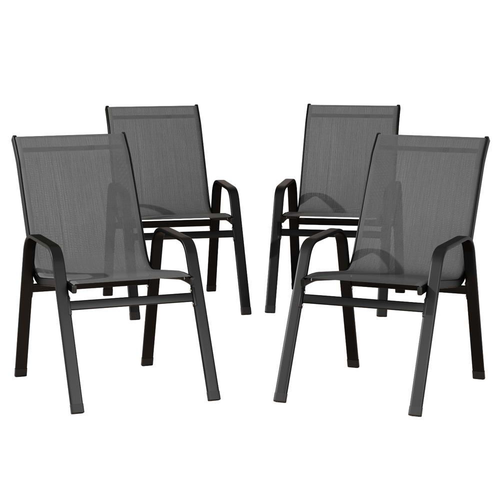 Set of four dark gray outdoor chairs on a white background