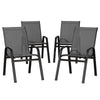Set of four dark gray outdoor chairs on a white background