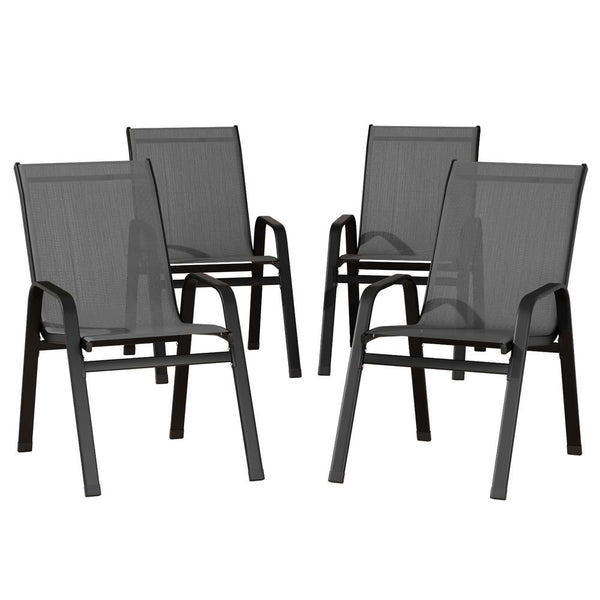 Set of four dark gray outdoor chairs on a white background
