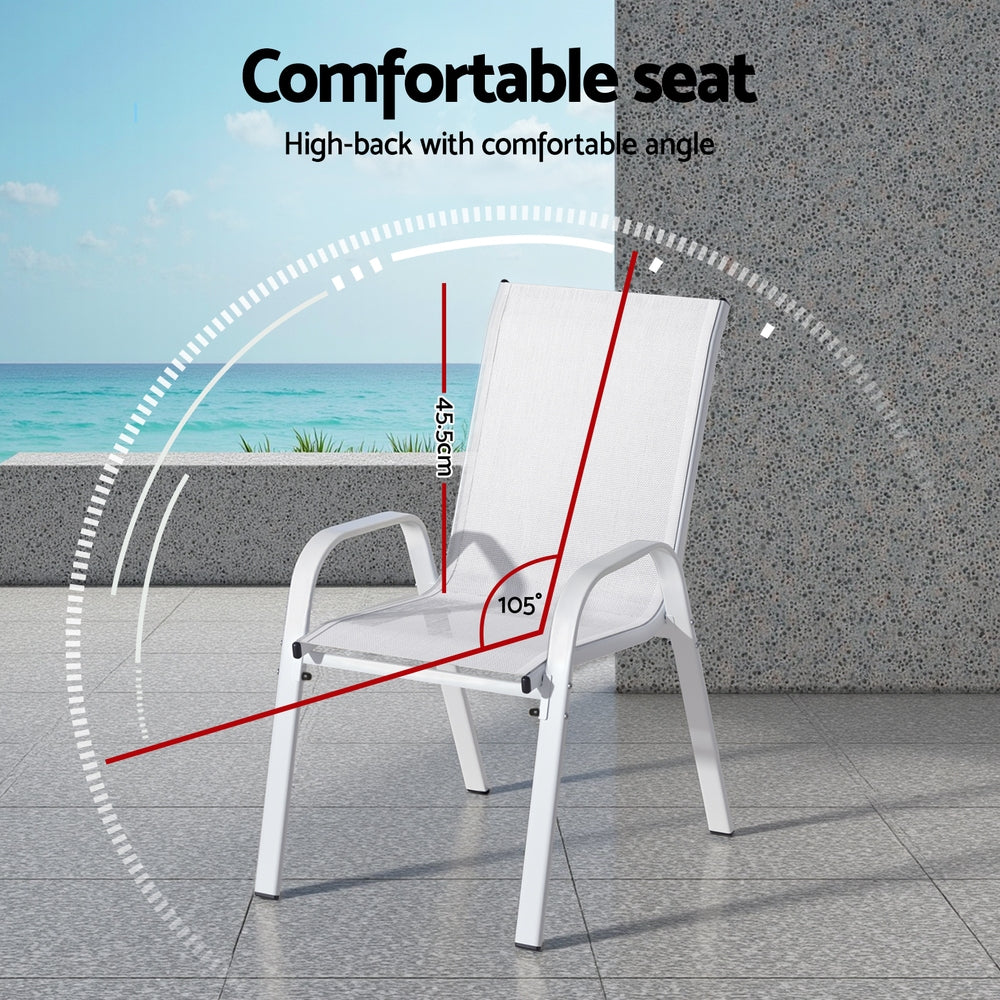 White chair with high back and comfortable angle design, shown outdoors.