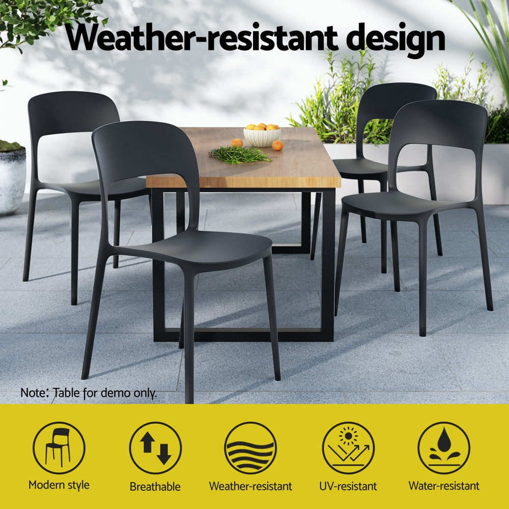 Outdoor dining set with weather-resistant design features on a patio.