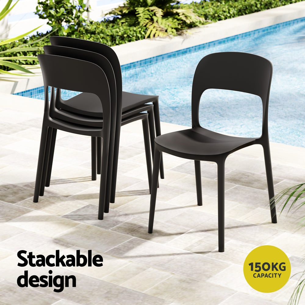 Stackable black chairs by a pool with 'Stackable design' and '150KG capacity' text.