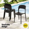Stackable black chairs by a pool with 'Stackable design' and '150KG capacity' text.