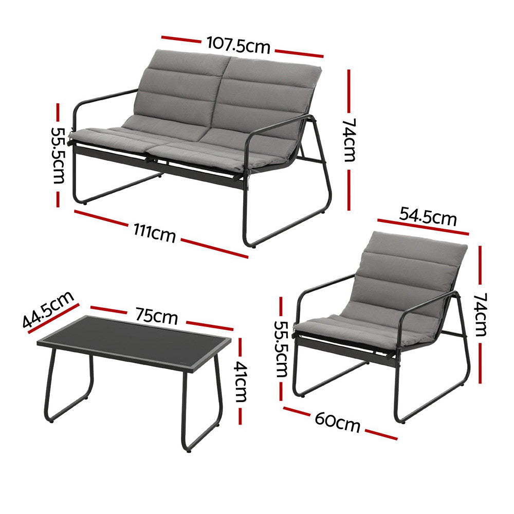 Outdoor furniture set with dimensions labeled on a white background