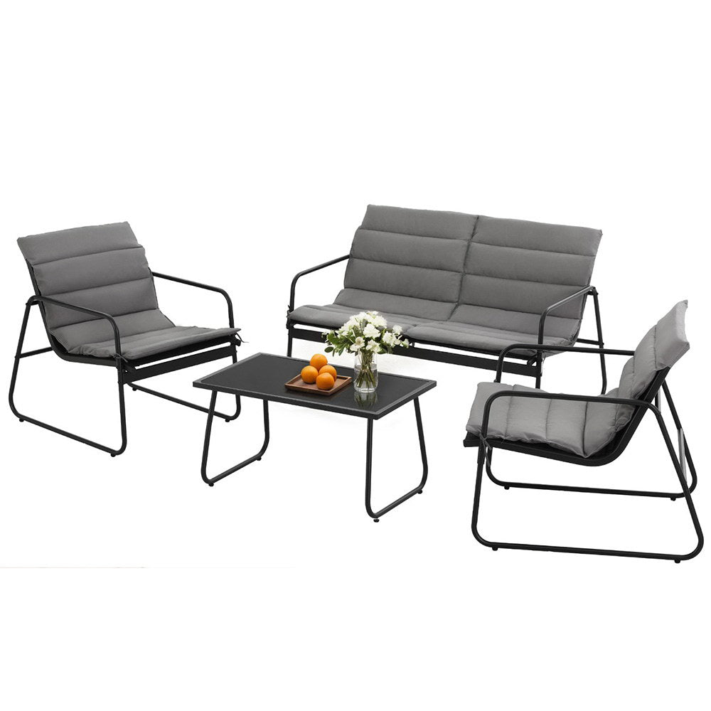 Outdoor furniture set with gray cushions on a white background