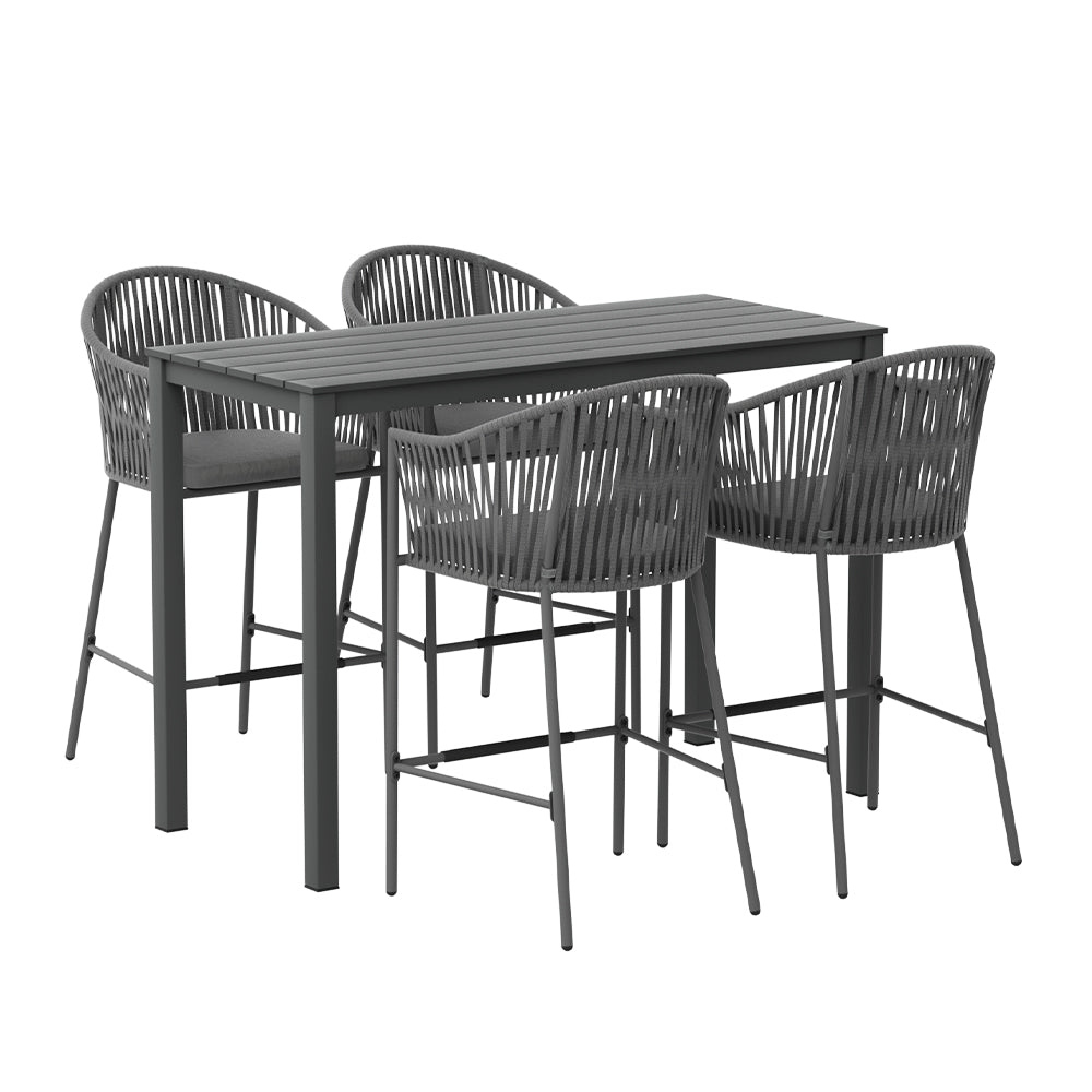 A five-piece outdoor bar set with a rectangular dining table and four grey rope chairs with slanted backrests and handrails, set on a white background.