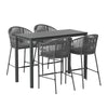 A five-piece outdoor bar set with a rectangular dining table and four grey rope chairs with slanted backrests and handrails, set on a white background.