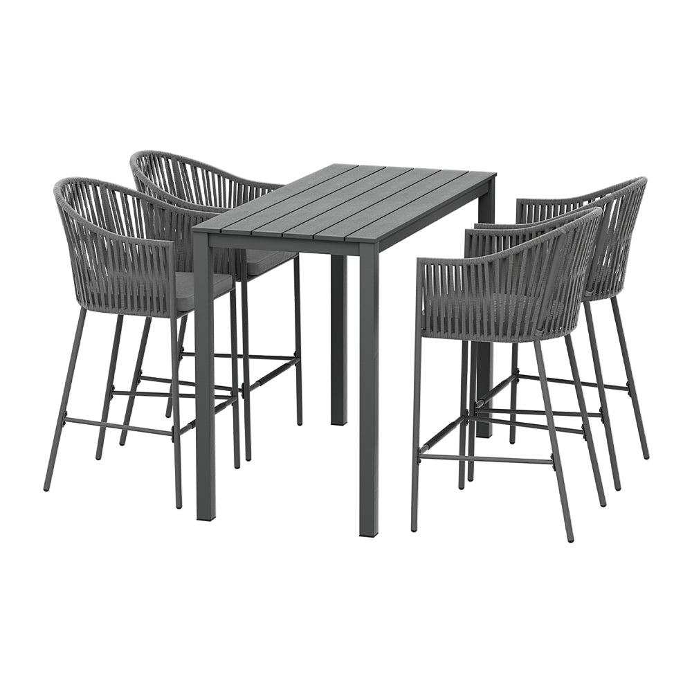 A five-piece outdoor bar set with a rectangular dining table and four grey rope chairs with slanted backrests and handrails on a white background.