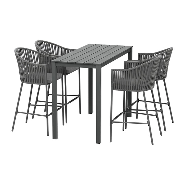 A five-piece outdoor bar set with a rectangular dining table and four grey rope chairs with slanted backrests and handrails on a white background.