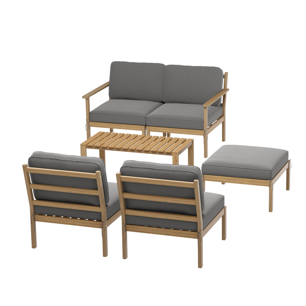 Outdoor furniture set with wooden frames and gray cushions on a white background