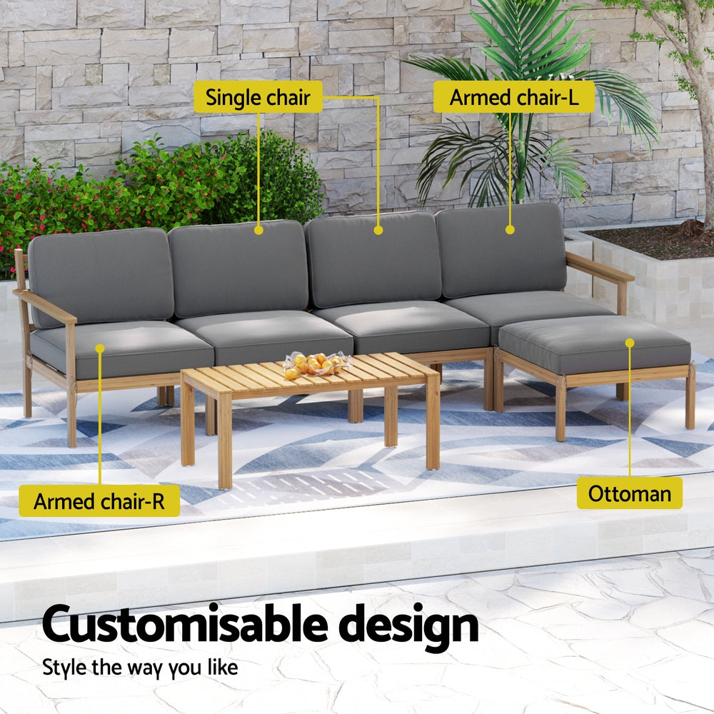 Outdoor furniture set with labeled components on a patio background