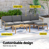 Outdoor furniture set with labeled components on a patio background