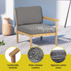 Outdoor chair with gray cushions on a patio, featuring text and icons about product features.