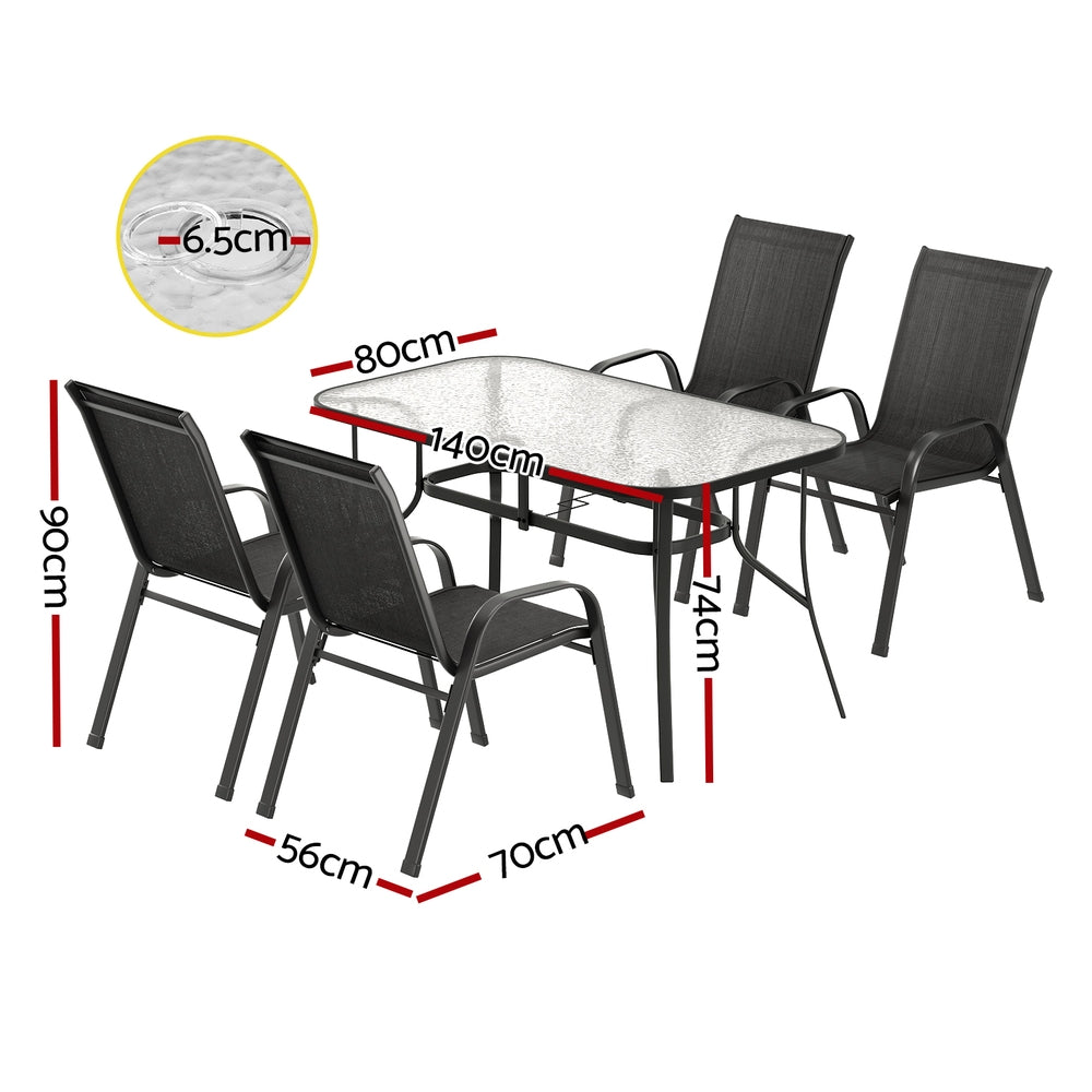 Outdoor furniture set with table and chairs, including dimensions on a white background