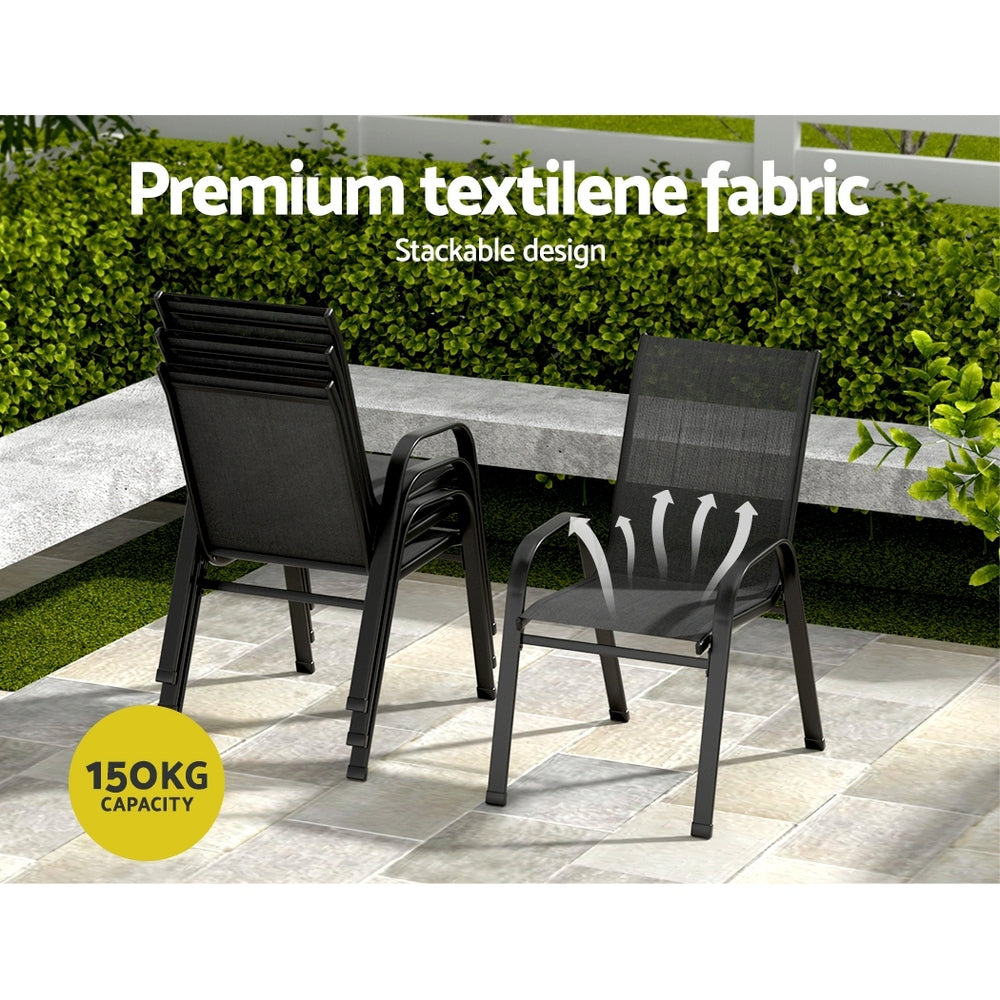 Two black outdoor chairs on a patio with text highlighting premium textilene fabric and stackable design.