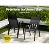 Two black outdoor chairs on a patio with text highlighting premium textilene fabric and stackable design.