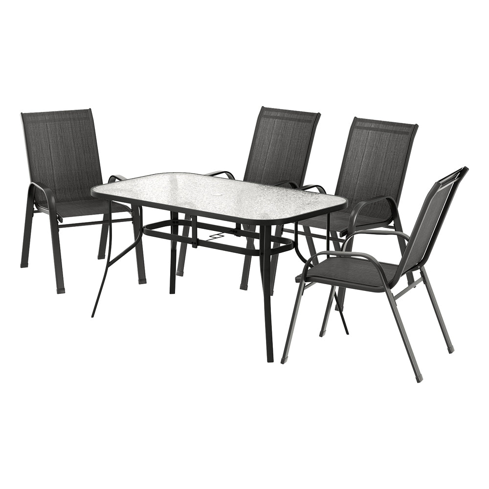 Outdoor furniture set with a table and four chairs on a white background