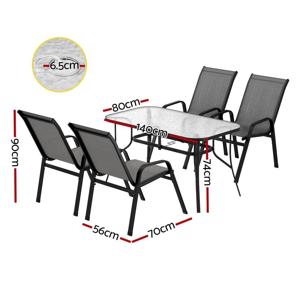 Outdoor furniture set with table and chairs, including dimensions on a white background
