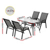 Outdoor furniture set with table and chairs, including dimensions on a white background
