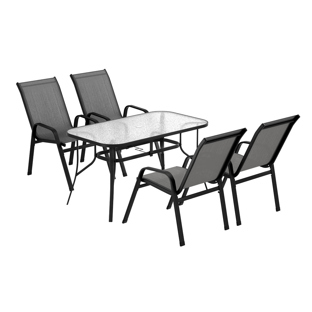 Outdoor furniture set with a table and four chairs on a white background