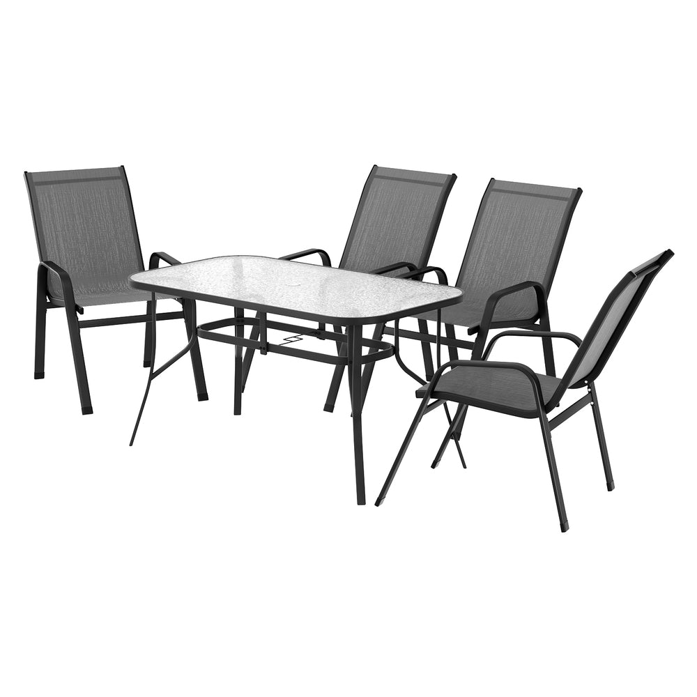 Outdoor furniture set with a table and four chairs on a white background