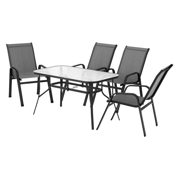Outdoor furniture set with a table and four chairs on a white background