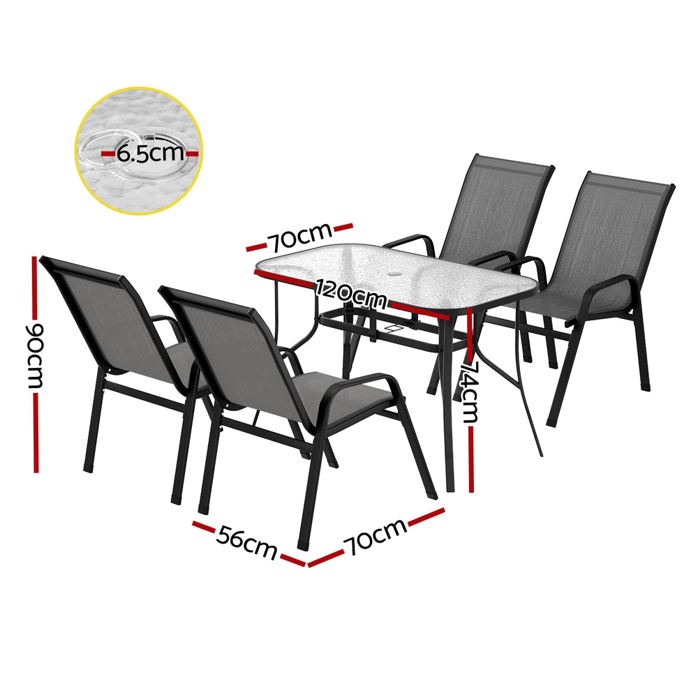 Outdoor furniture set with table and chairs, including dimensions on a white background