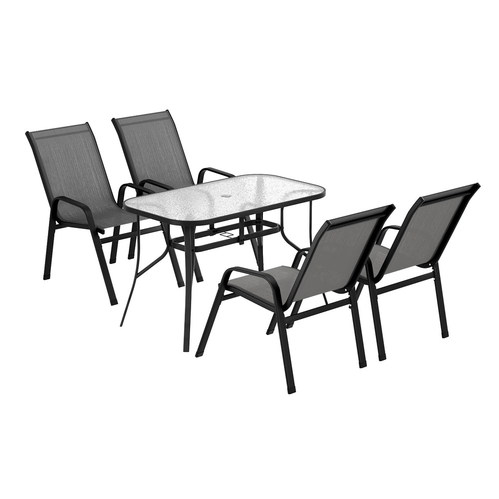 Outdoor furniture set with a table and four chairs on a white background