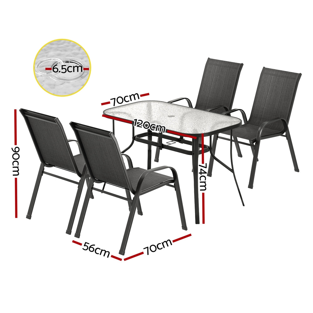 Patio set with table and chairs, including dimensions on a white background
