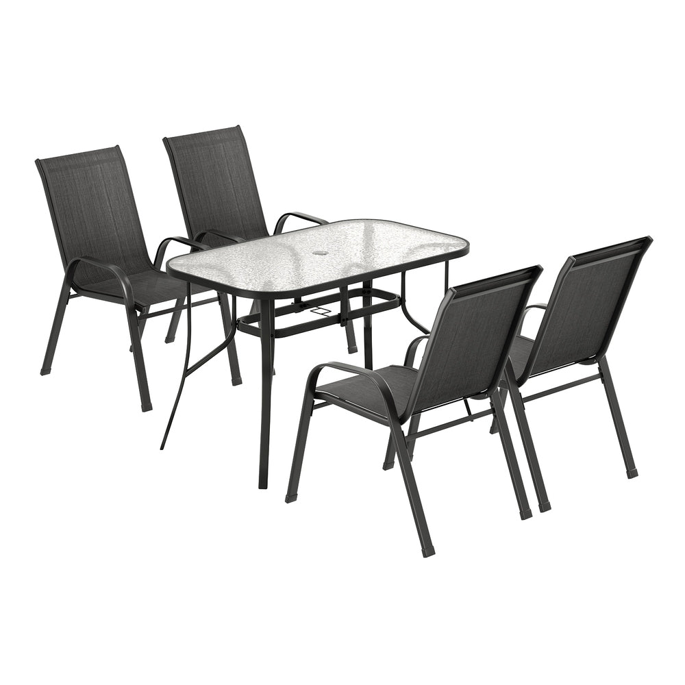 Outdoor furniture set with a rectangular table and four chairs on a white background