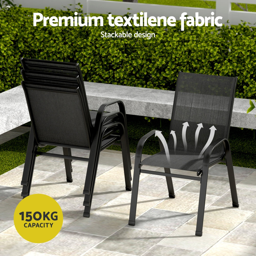 Two black outdoor chairs with text highlighting premium textilene fabric and stackable design on a patio.