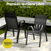 Two black outdoor chairs with text highlighting premium textilene fabric and stackable design on a patio.