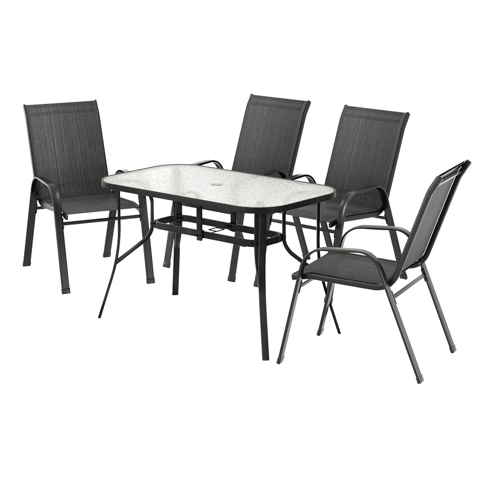 Outdoor furniture set with a table and four chairs on a white background