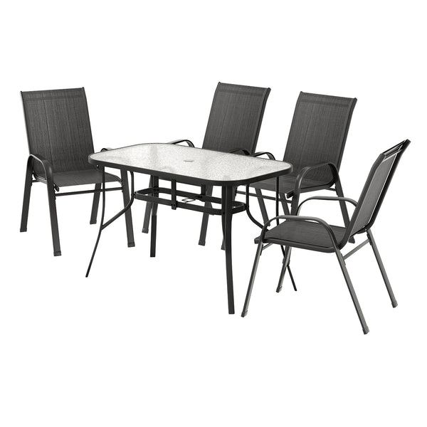 Outdoor furniture set with a table and four chairs on a white background