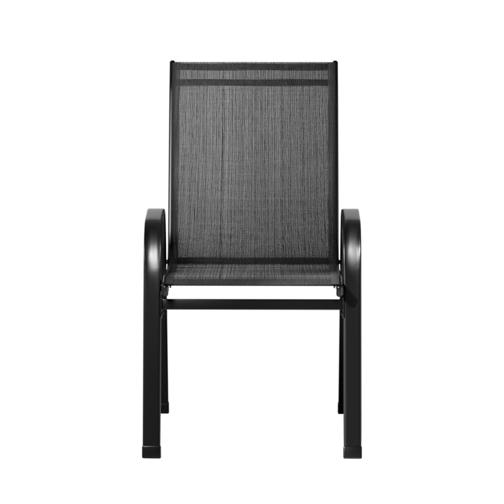 Black outdoor chair with mesh back on a white background