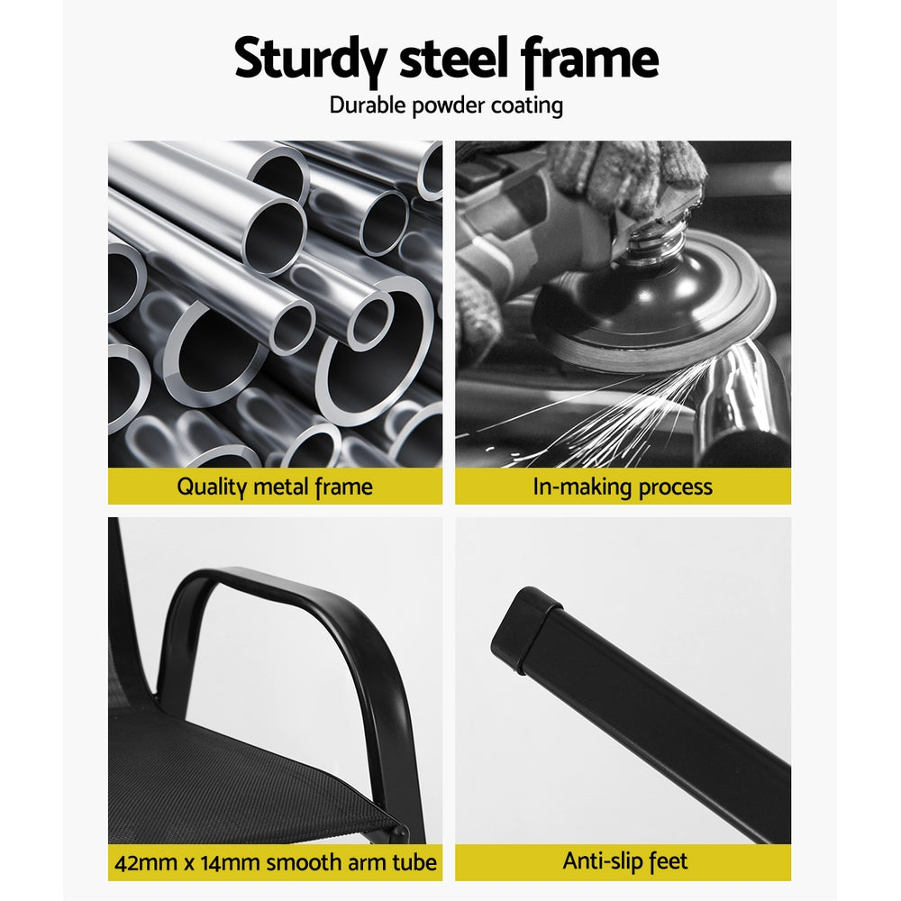 Advertisement for a chair with sturdiness features highlighted, including metal pipes, powder coating process, and chair components.