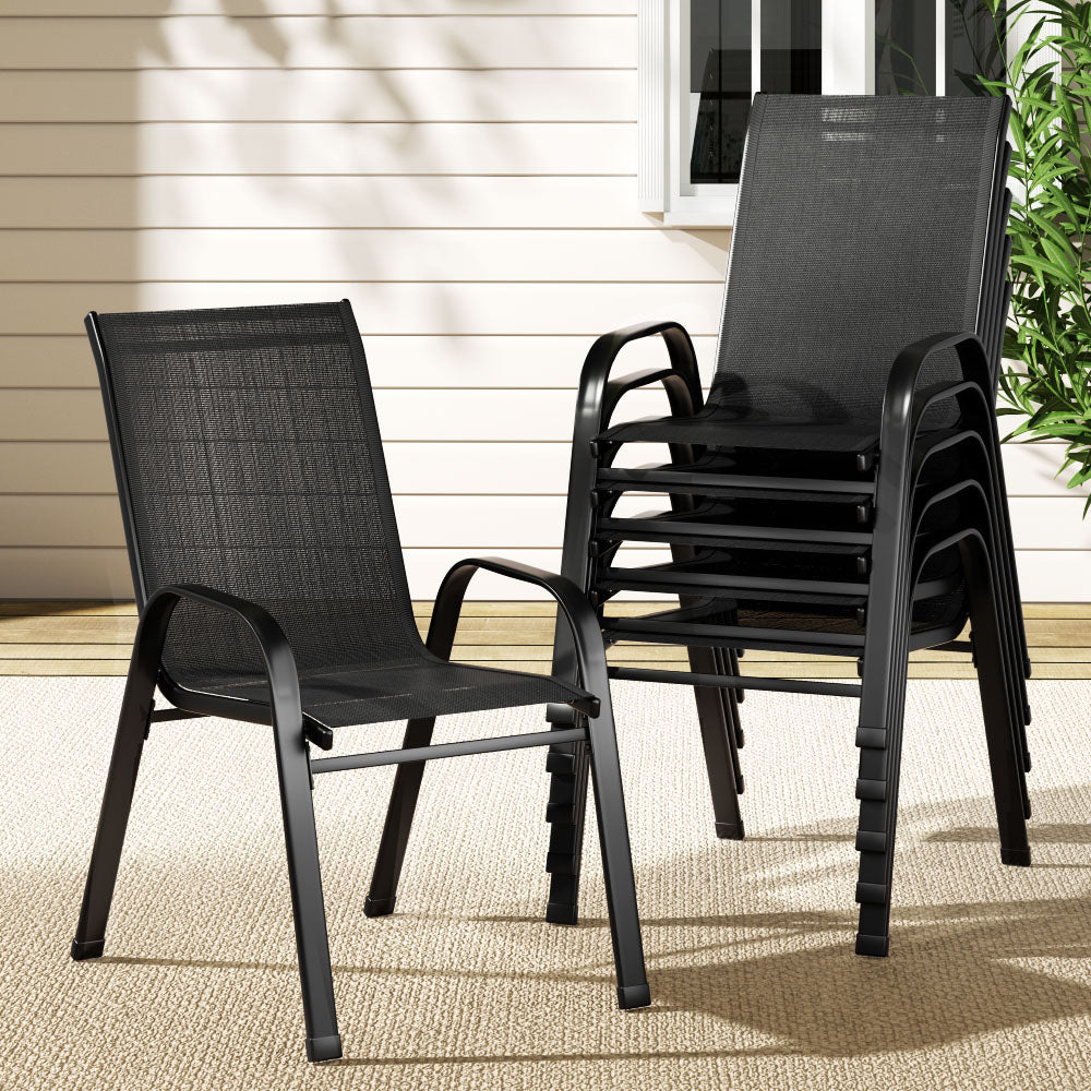 Set of black outdoor chairs on a patio