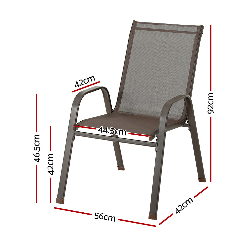 A brown outdoor dining chair made of metal and plastic, in a stackable design with anti-slip feet, showing its measurements and set on a white background.