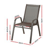 A brown outdoor dining chair made of metal and plastic, in a stackable design with anti-slip feet, showing its measurements and set on a white background.
