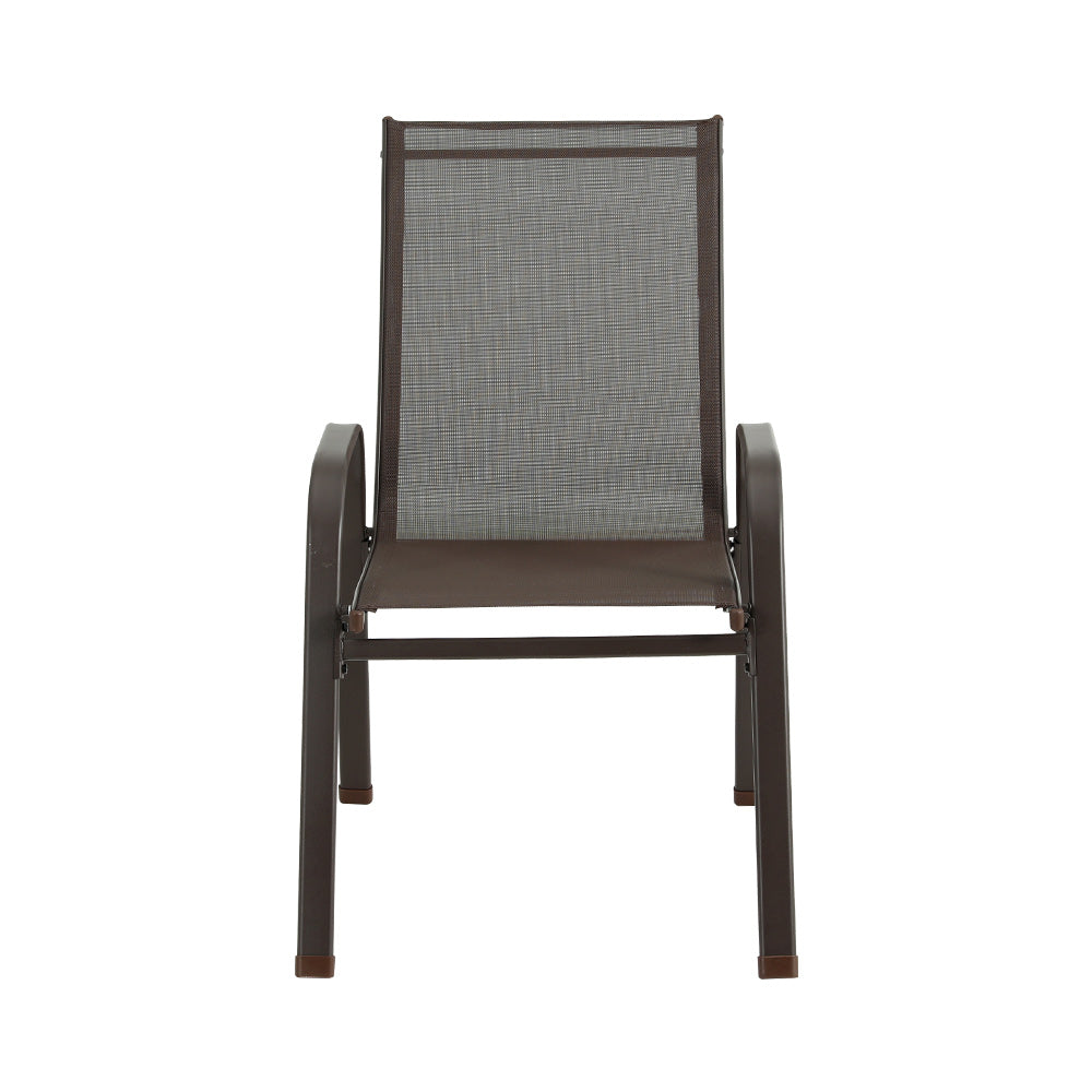 An outdoor dining chair in brown colour made of metal and plastic, stackable design with anti-slip feet, and set on a white background.